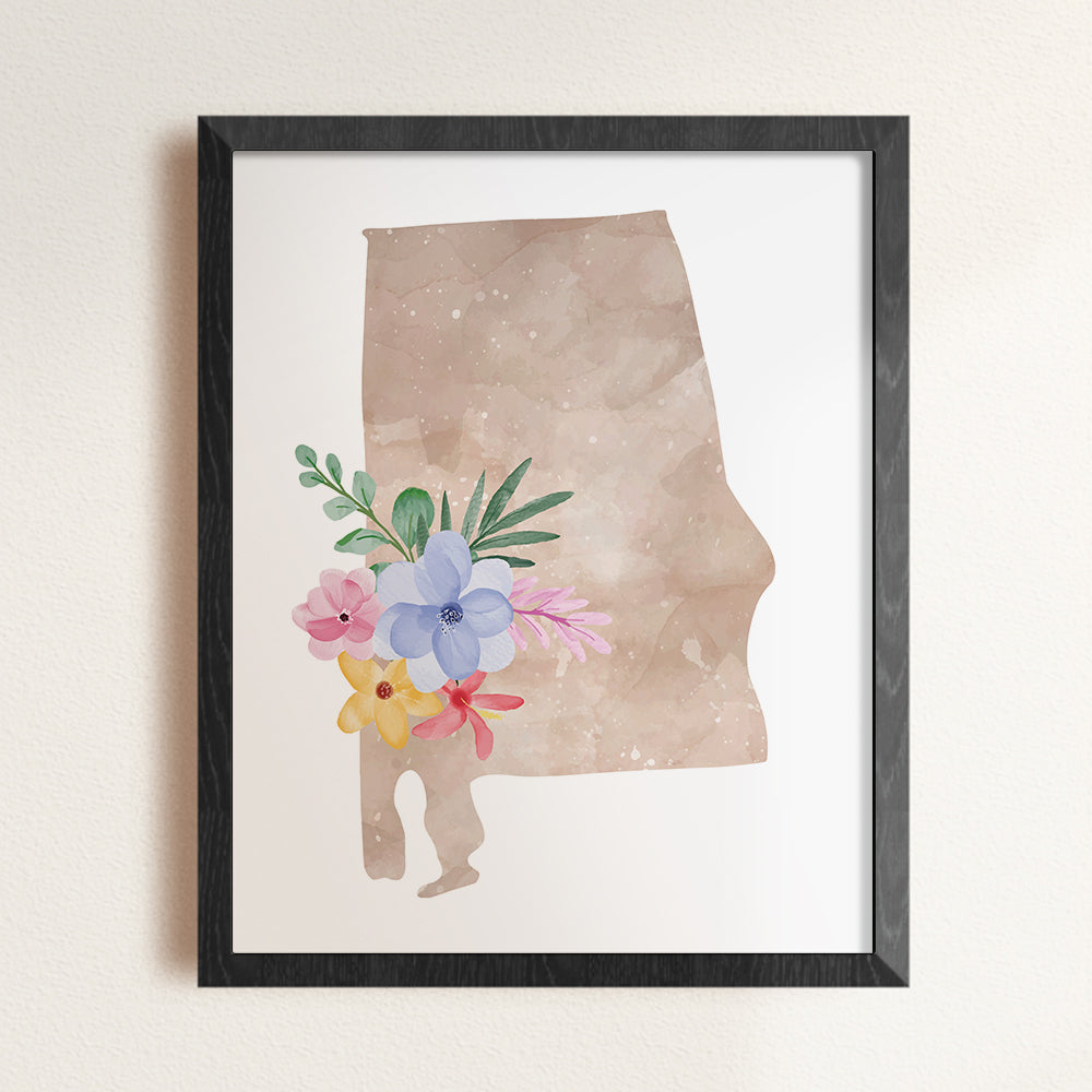 alabama watercolor floral map poster