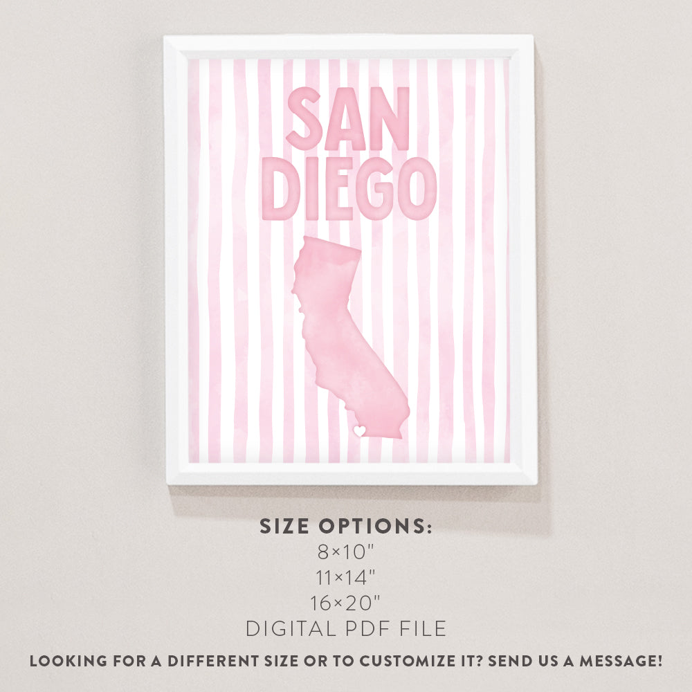 San Diego California Poster · San Diego Pink Pastel Wall Art