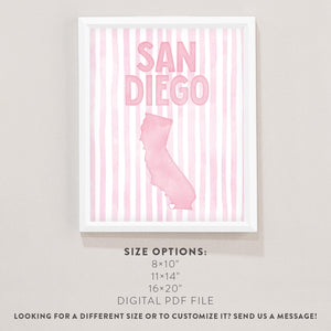 San Diego California Poster · San Diego Pink Pastel Wall Art